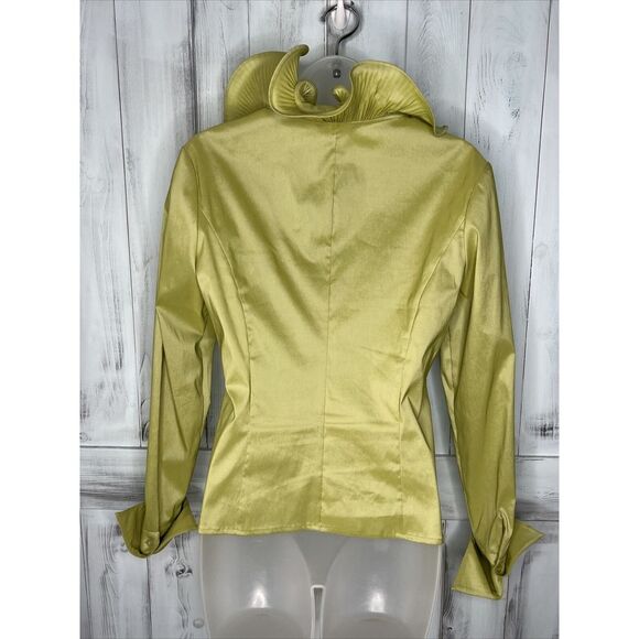 SAMUEL DONG LIME GREEN CHARTREUSE BUTTON UP WIRED RUFFLE COLLAR STRETCH SHIRT S - Picture 6 of 15